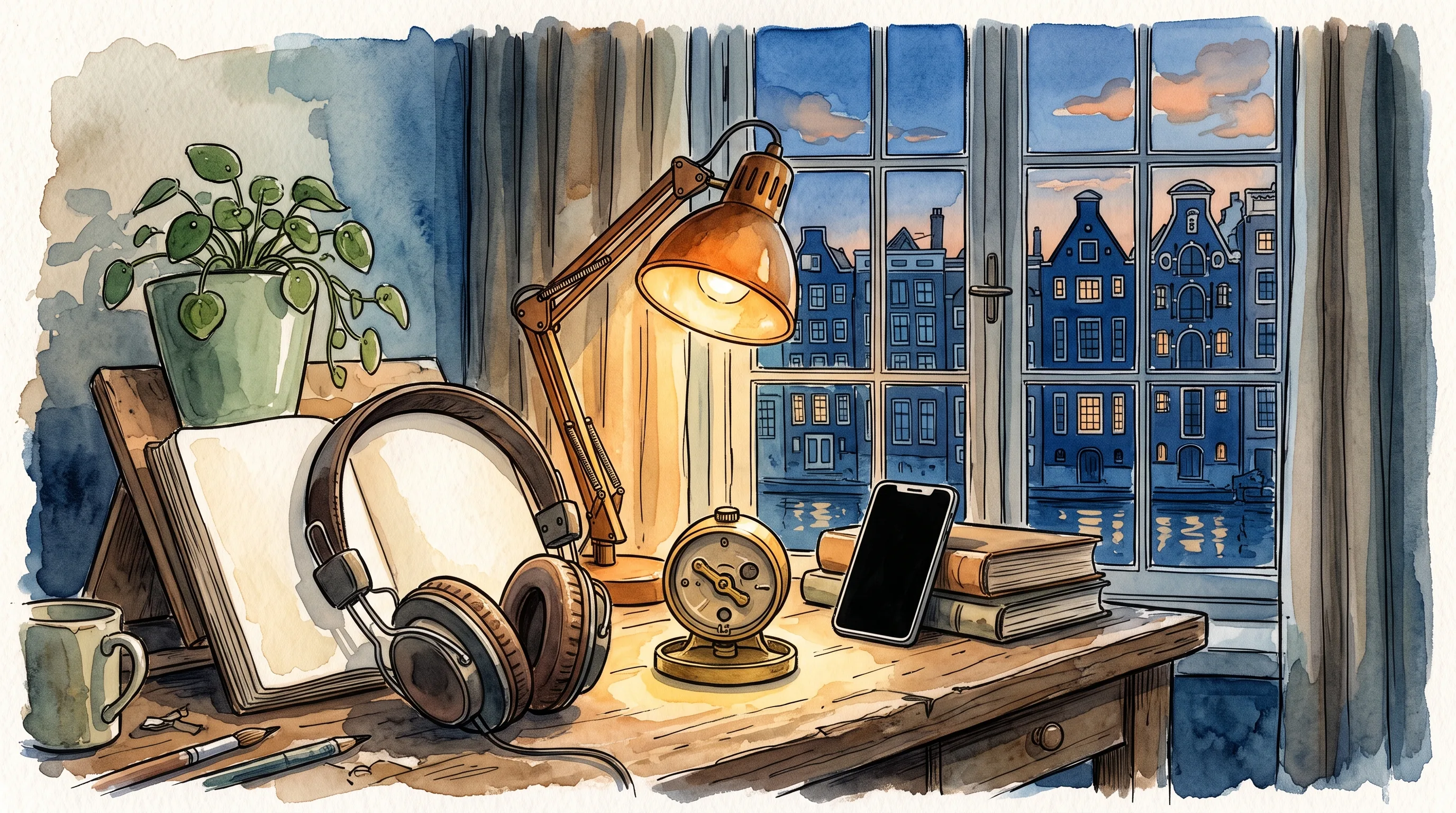 Atmospheric study scene representing NT2 Spreken self-study practice in Delft