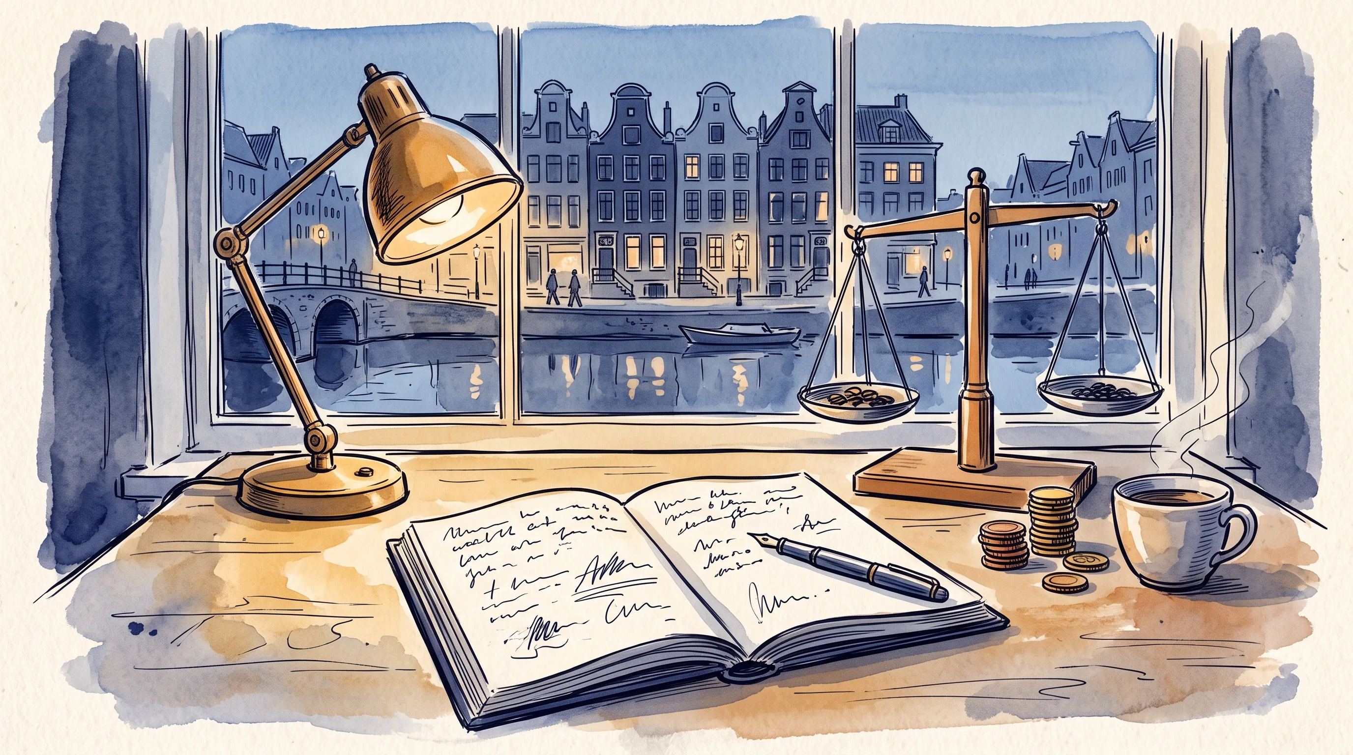 Atmospheric study scene representing de afweging tussen cursus en zelfstudie voor NT2 Spreken, in Delft